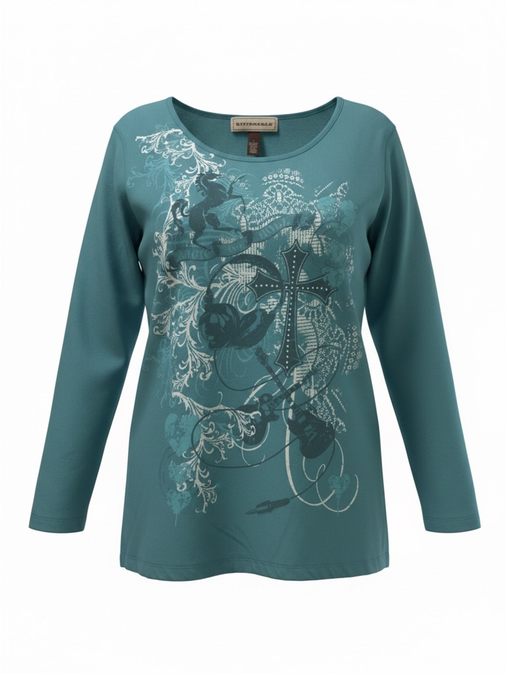 Bit and Bridle Teal Long-Sleeve Graphic Crewneck Tee